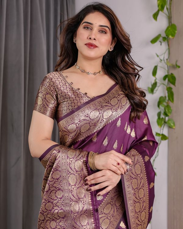 Purple Banarasi Soft Silk Saree With Golden Zari Border