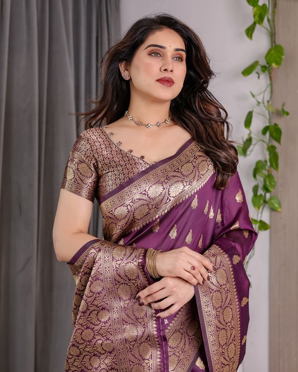 Purple Banarasi Soft Silk Saree With Golden Zari Border