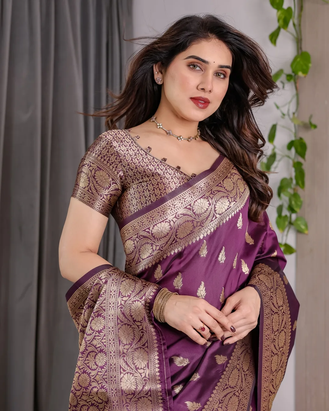 Purple Banarasi Soft Silk Saree With Golden Zari Border