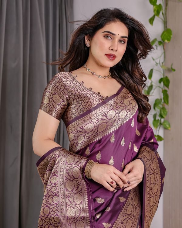 Purple Banarasi Soft Silk Saree With Golden Zari Border