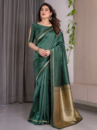 Shop Bottle Green Banarasi Soft Silk Saree with Gold Border