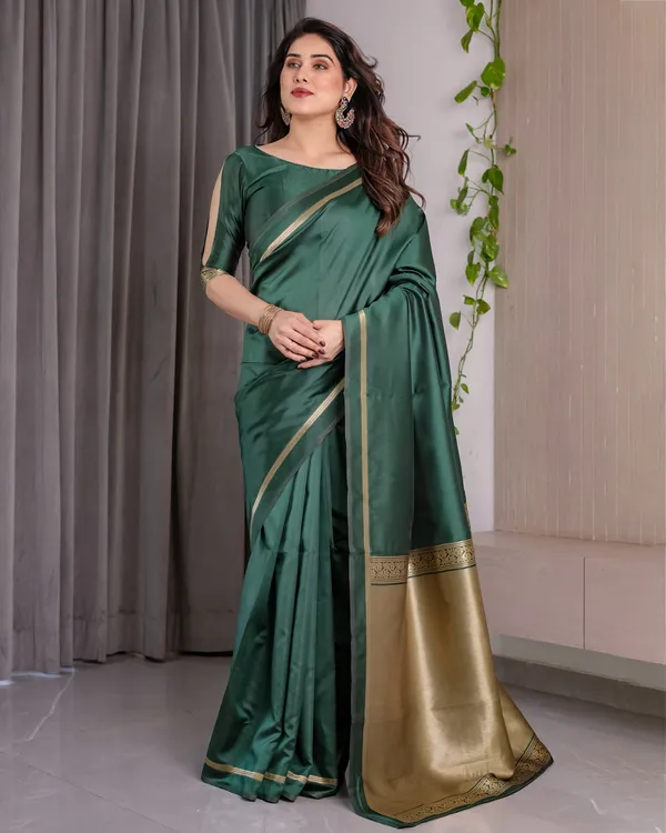 Shop Bottle Green Banarasi Soft Silk Saree with Gold Border