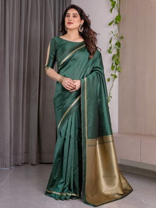 Shop Bottle Green Banarasi Soft Silk Saree with Gold Border