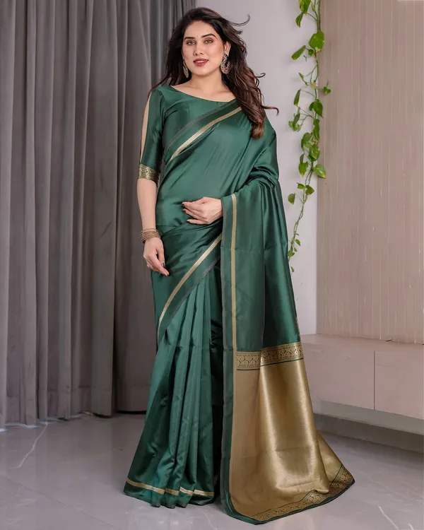 Shop Bottle Green Banarasi Soft Silk Saree with Gold Border