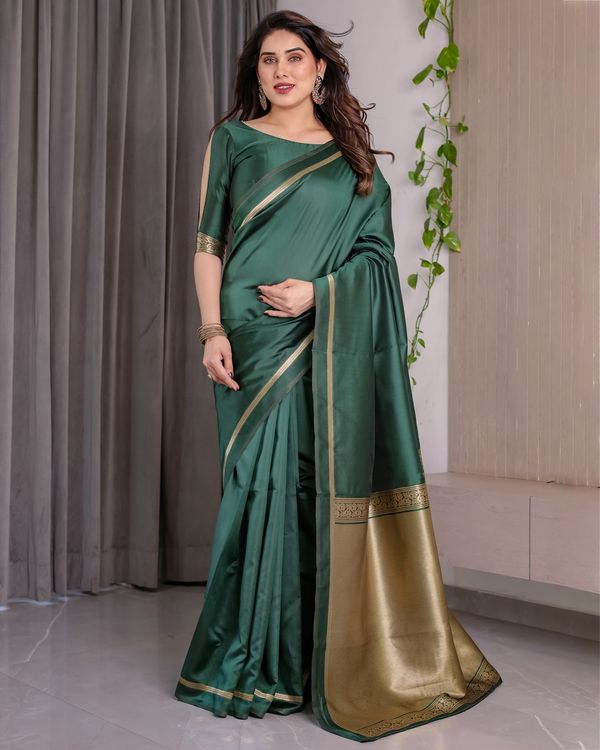 Shop Bottle Green Banarasi Soft Silk Saree with Gold Border