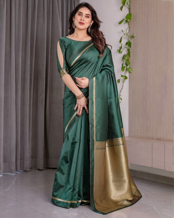 Shop Bottle Green Banarasi Soft Silk Saree with Gold Border