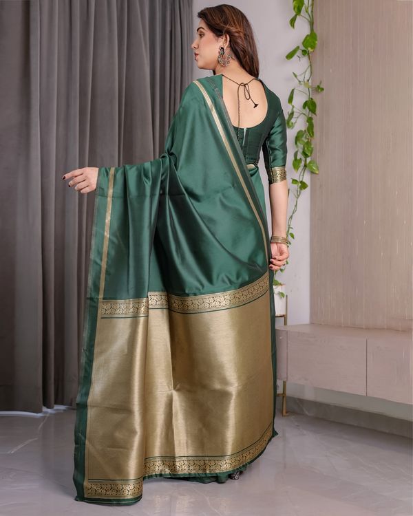Shop Bottle Green Banarasi Soft Silk Saree with Gold Border