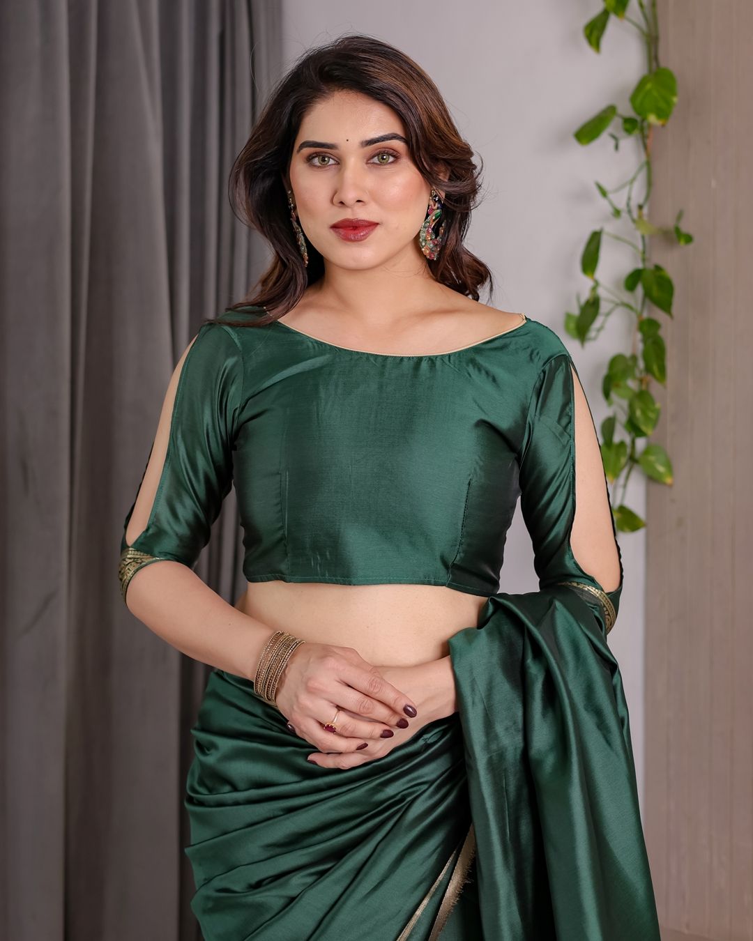 Shop Bottle Green Banarasi Soft Silk Saree with Gold Border