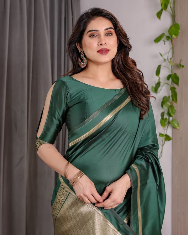 Shop Bottle Green Banarasi Soft Silk Saree with Gold Border