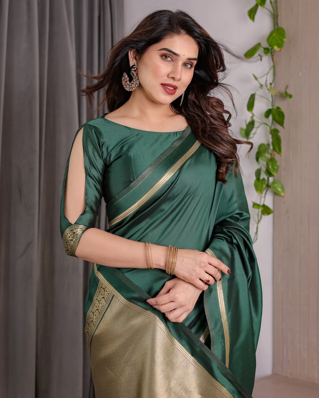 Shop Bottle Green Banarasi Soft Silk Saree with Gold Border