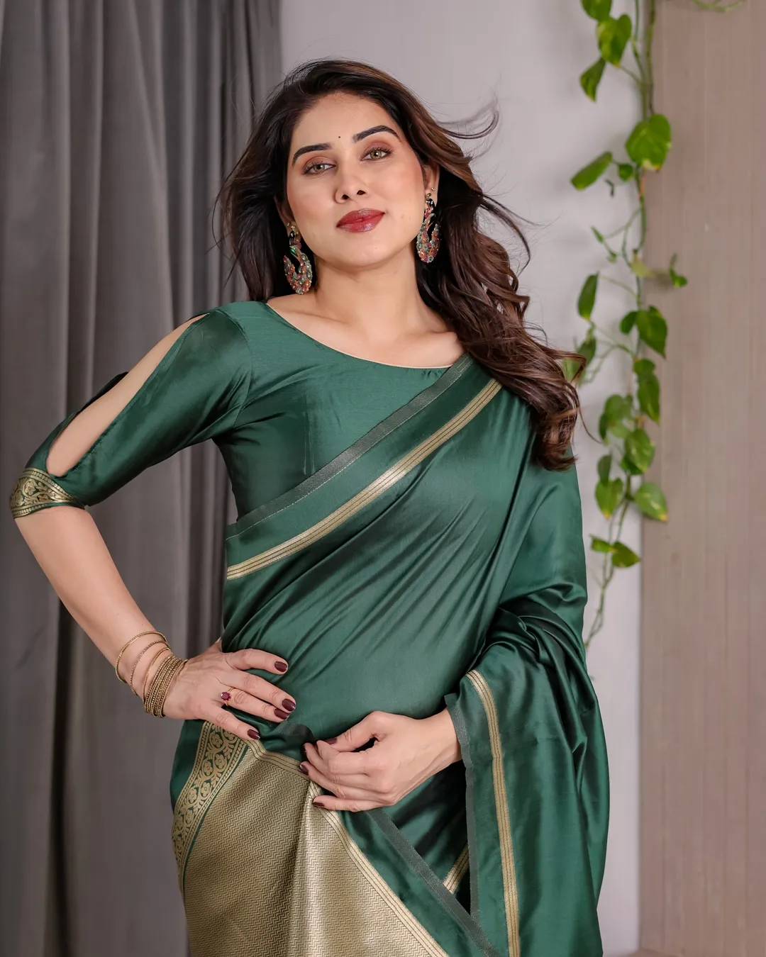 Shop Bottle Green Banarasi Soft Silk Saree with Gold Border