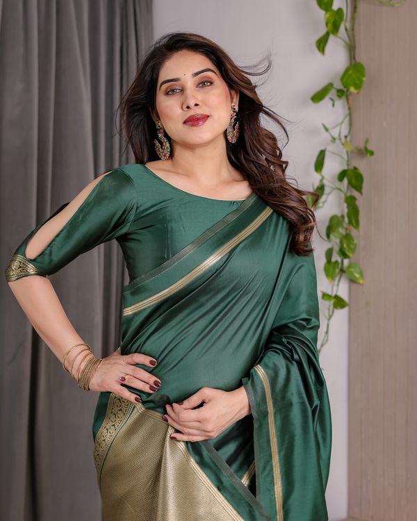 Shop Bottle Green Banarasi Soft Silk Saree with Gold Border