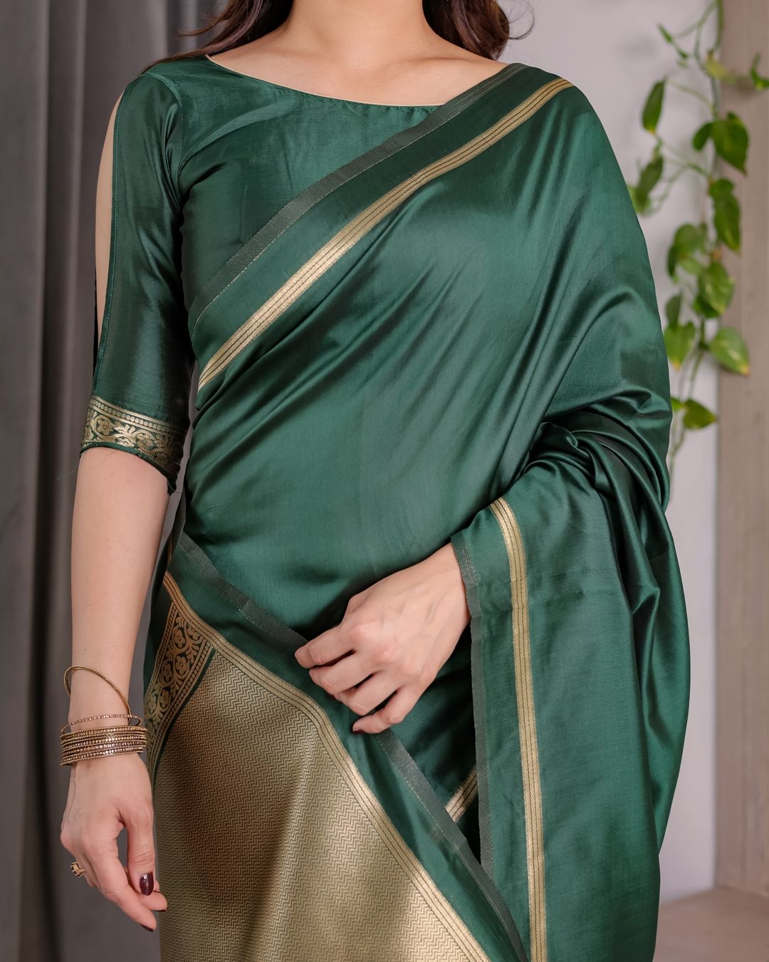 Shop Bottle Green Banarasi Soft Silk Saree with Gold Border