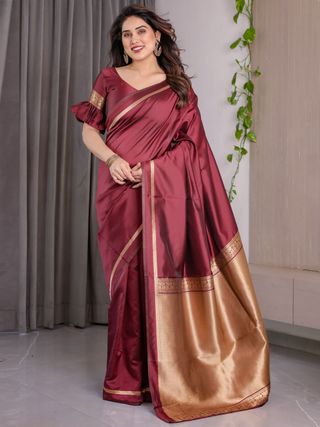 Maroon Banarasi Soft Silk Saree with Golden Zari Border