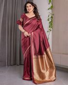 Maroon Banarasi Soft Silk Saree with Golden Zari Border - Maroon, Rust, Brown