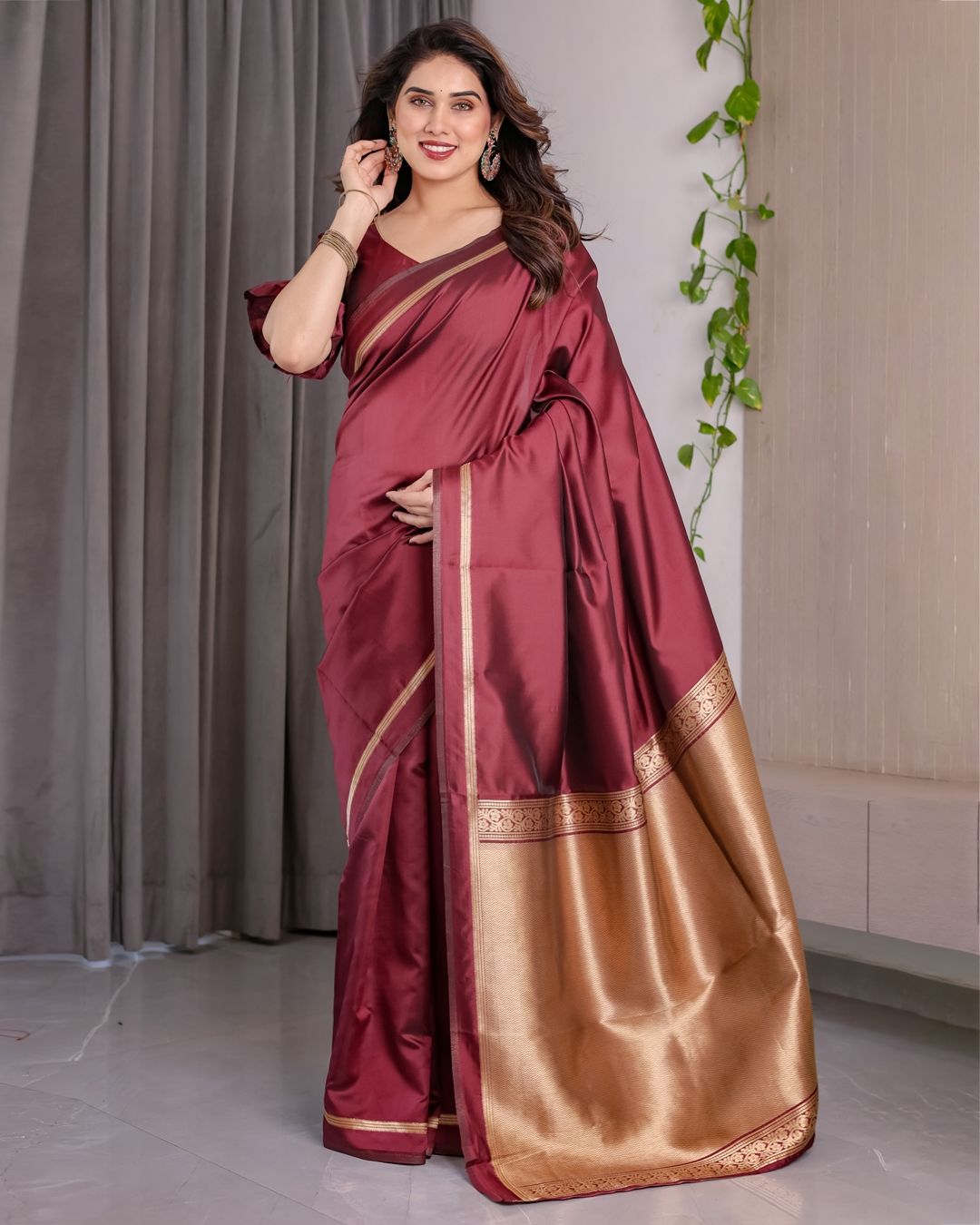 Maroon Banarasi Soft Silk Saree with Golden Zari Border