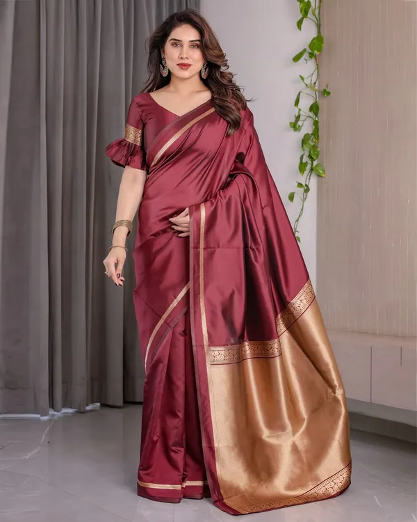Maroon Banarasi Soft Silk Saree with Golden Zari Border