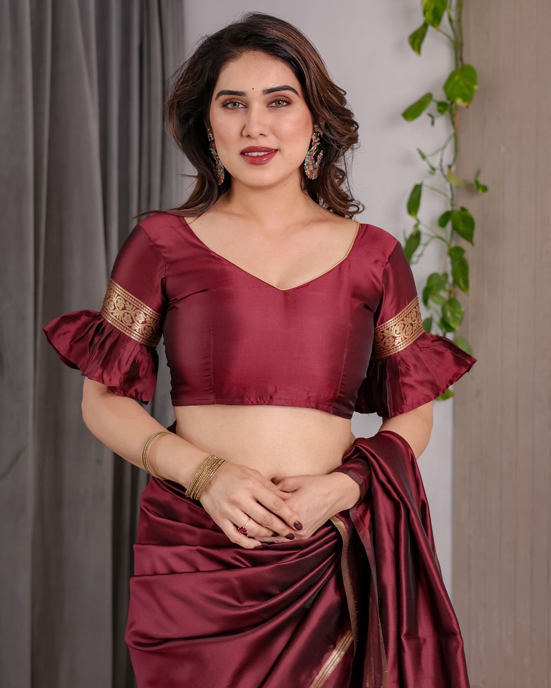 Maroon Banarasi Soft Silk Saree with Golden Zari Border