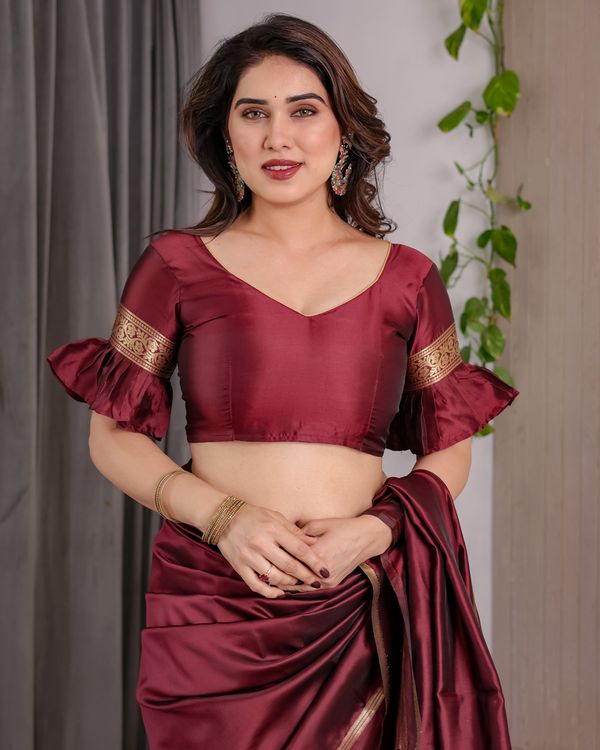 Maroon Banarasi Soft Silk Saree with Golden Zari Border