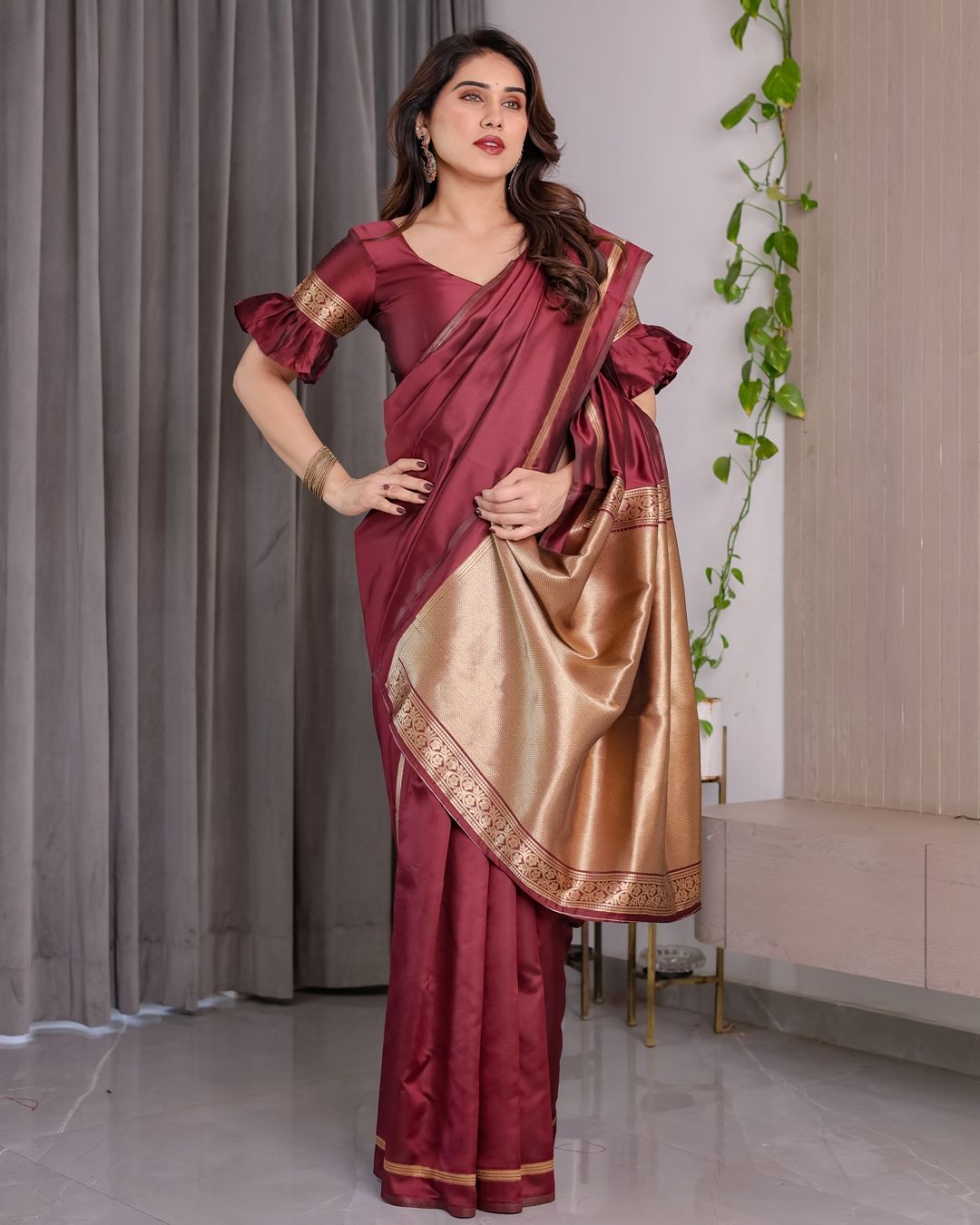 Maroon Banarasi Soft Silk Saree with Golden Zari Border