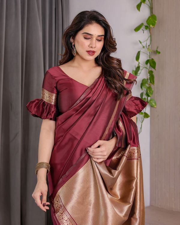 Maroon Banarasi Soft Silk Saree with Golden Zari Border
