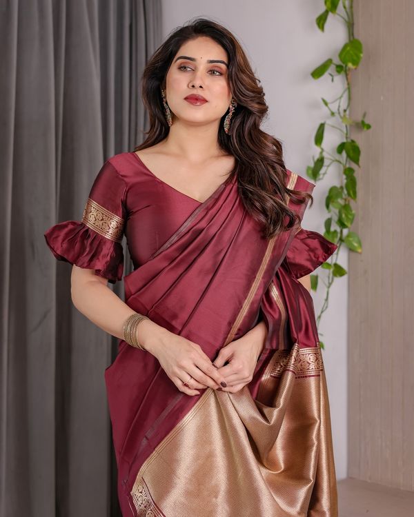 Maroon Banarasi Soft Silk Saree with Golden Zari Border