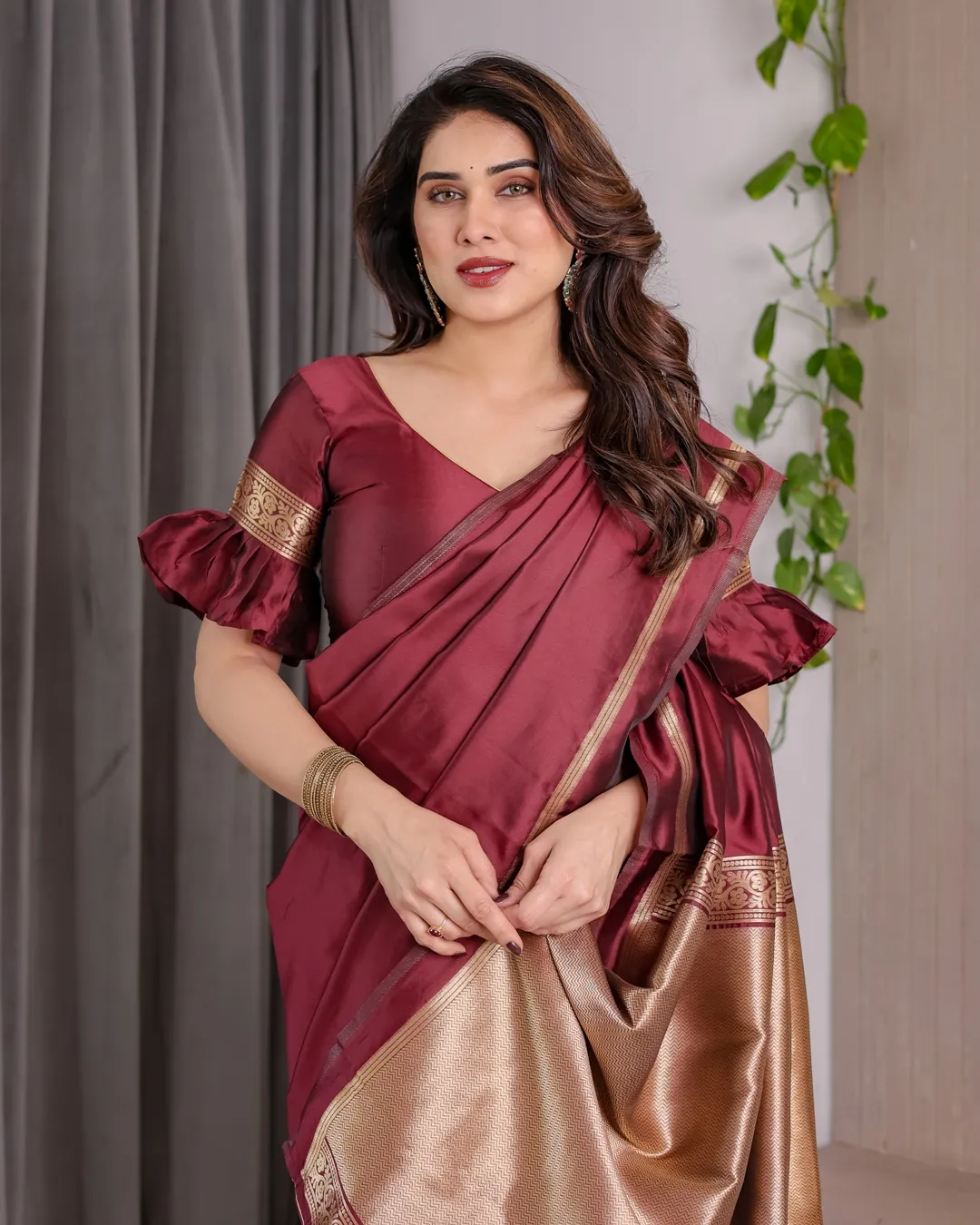 Maroon Banarasi Soft Silk Saree with Golden Zari Border