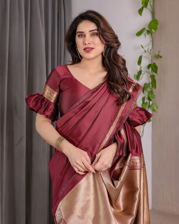 Maroon Banarasi Soft Silk Saree with Golden Zari Border
