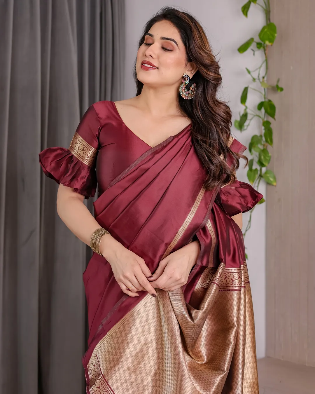 Maroon Banarasi Soft Silk Saree with Golden Zari Border