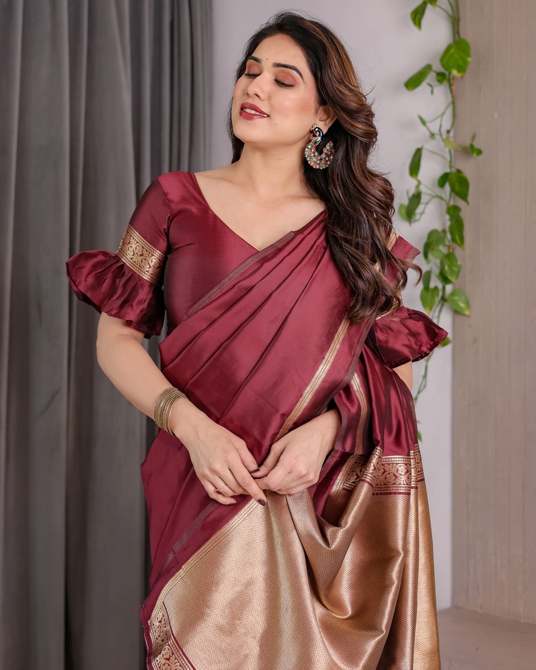 Maroon Banarasi Soft Silk Saree with Golden Zari Border