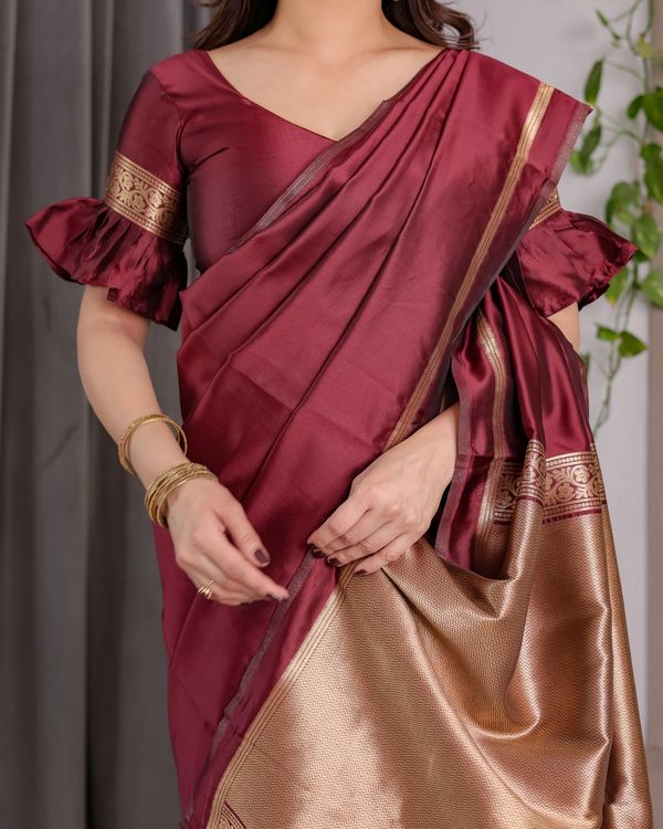 Maroon Banarasi Soft Silk Saree with Golden Zari Border