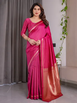 Pink Banarasi Soft Silk Saree with Golden Zari Border