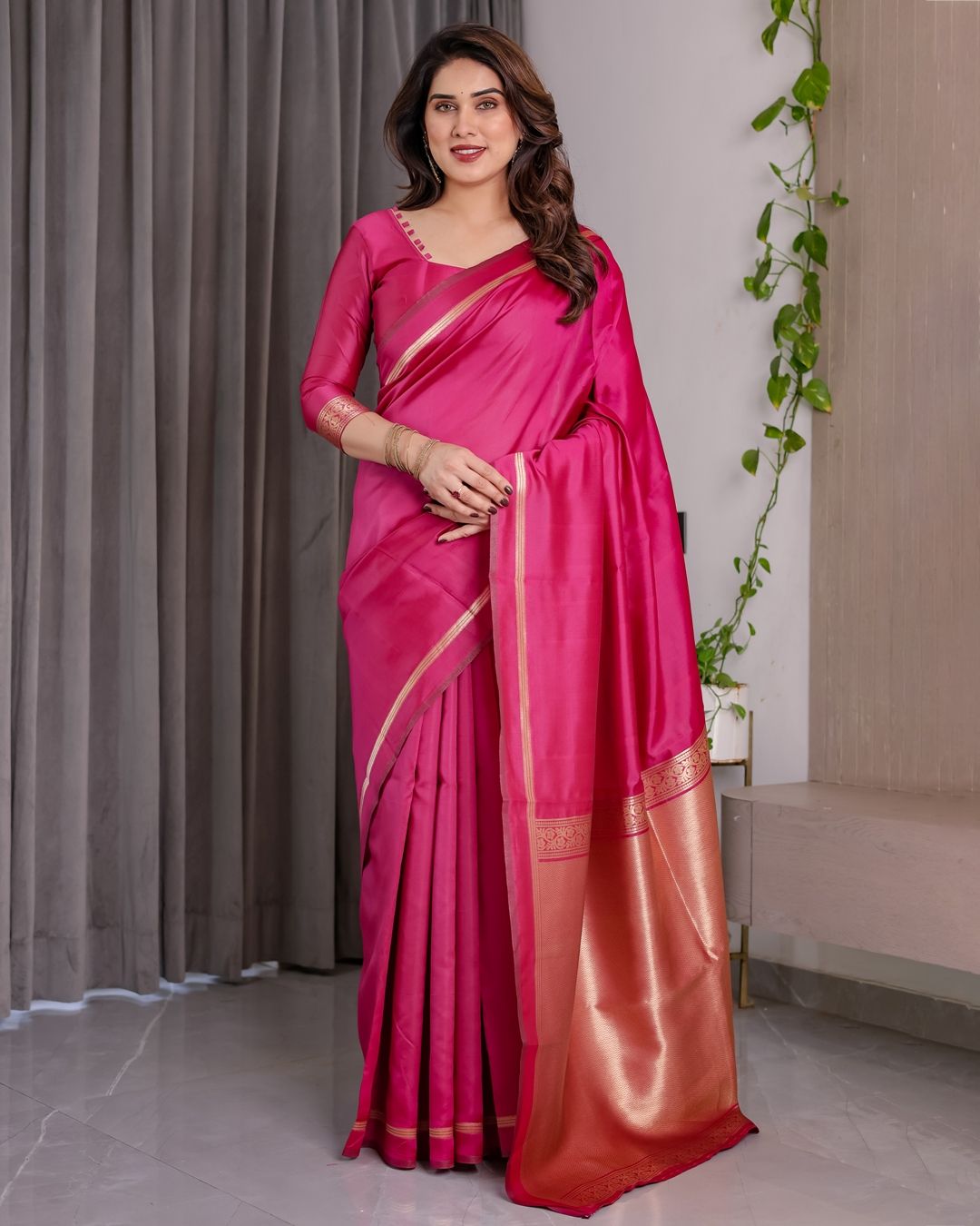 Pink Banarasi Soft Silk Saree with Golden Zari Border