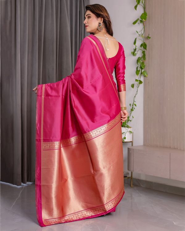 Pink Banarasi Soft Silk Saree with Golden Zari Border