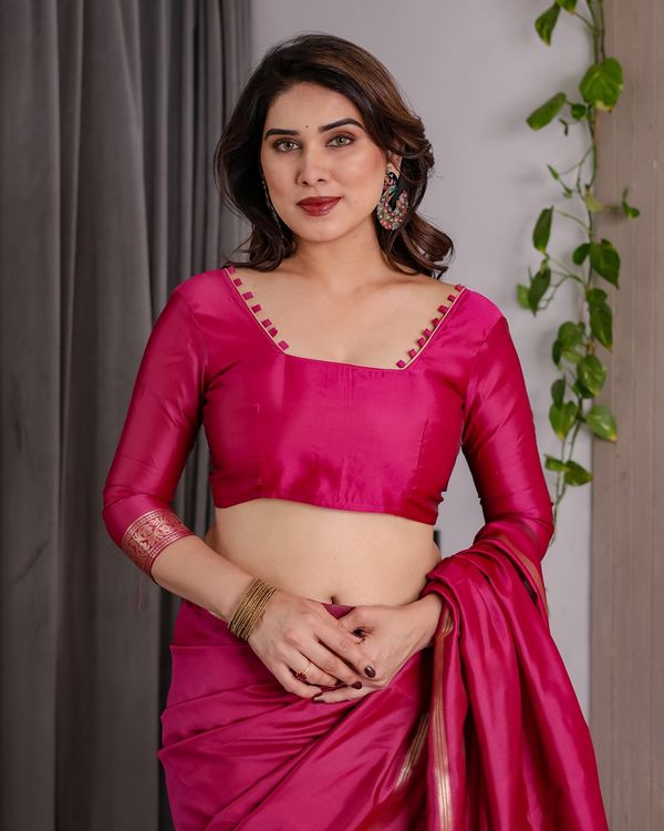 Pink Banarasi Soft Silk Saree with Golden Zari Border