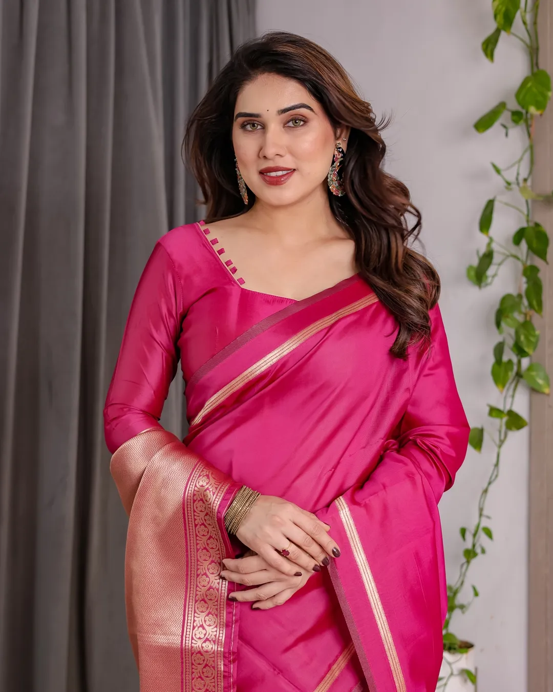 Pink Banarasi Soft Silk Saree with Golden Zari Border