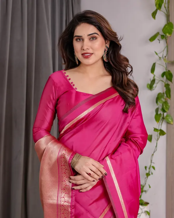 Pink Banarasi Soft Silk Saree with Golden Zari Border