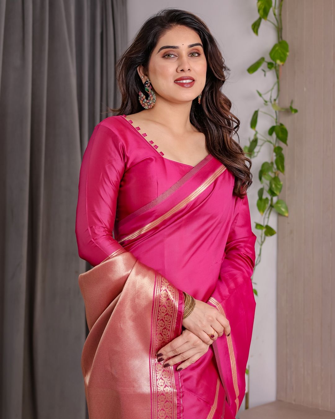 Pink Banarasi Soft Silk Saree with Golden Zari Border