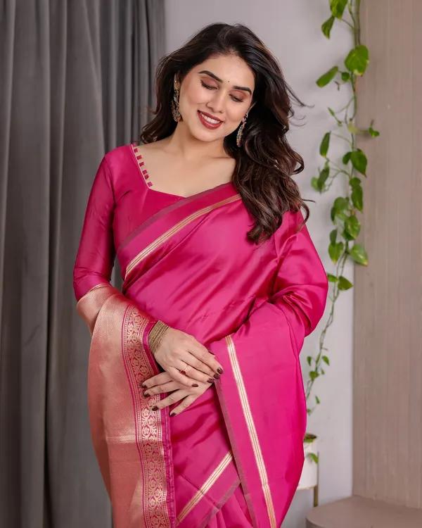 Pink Banarasi Soft Silk Saree with Golden Zari Border