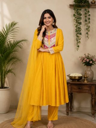 Mustard Viscose Chanderi Kurta Set with Sequence Embroidery