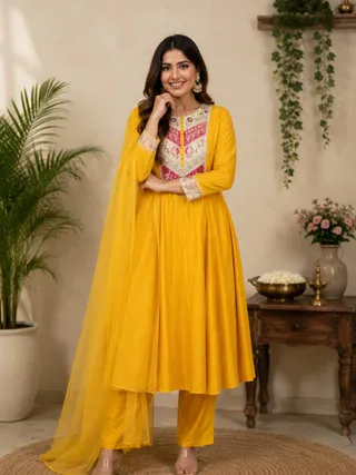 Mustard Viscose Chanderi Kurta Set with Sequence Embroidery