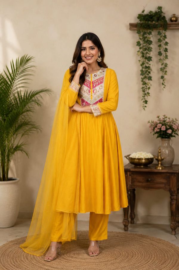 Mustard Viscose Chanderi Kurta Set with Sequence Embroidery