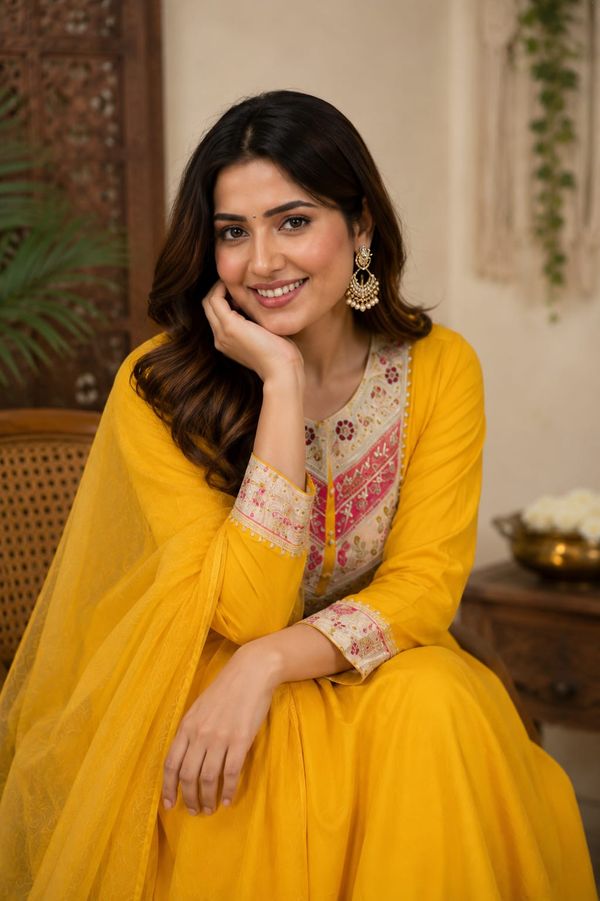 Mustard Viscose Chanderi Kurta Set with Sequence Embroidery