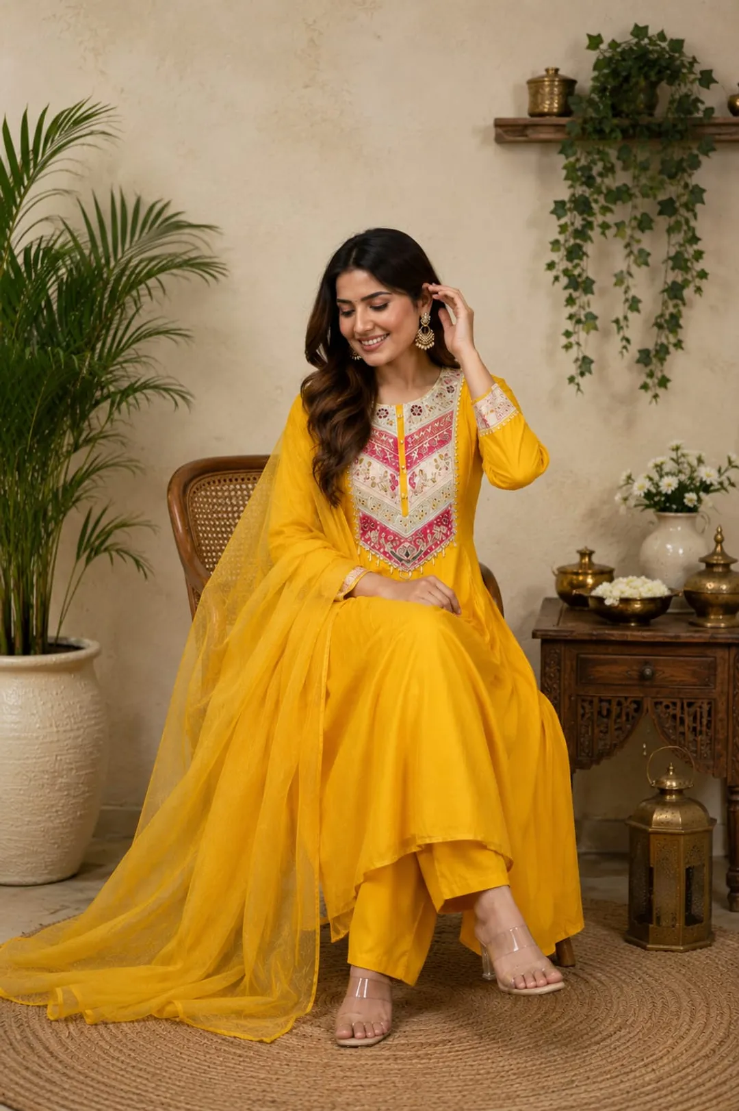 Mustard Viscose Chanderi Kurta Set with Sequence Embroidery