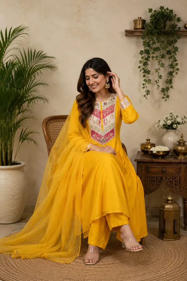 Mustard Viscose Chanderi Kurta Set with Sequence Embroidery