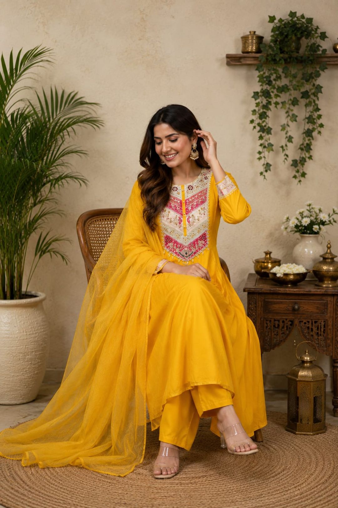 Mustard Viscose Chanderi Kurta Set with Sequence Embroidery