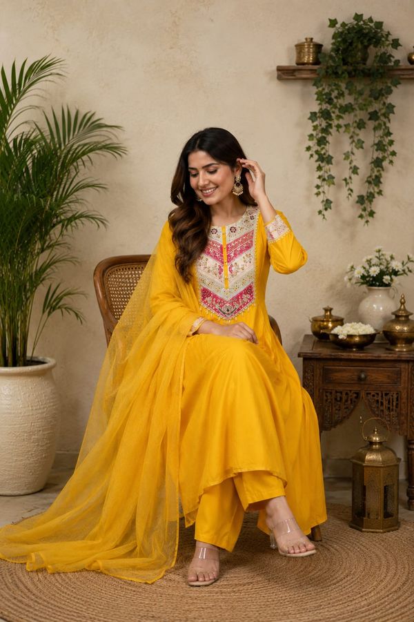 Mustard Viscose Chanderi Kurta Set with Sequence Embroidery