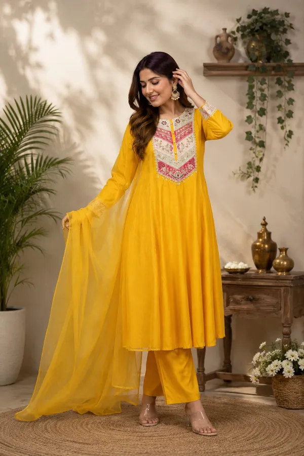 Mustard Viscose Chanderi Kurta Set with Sequence Embroidery