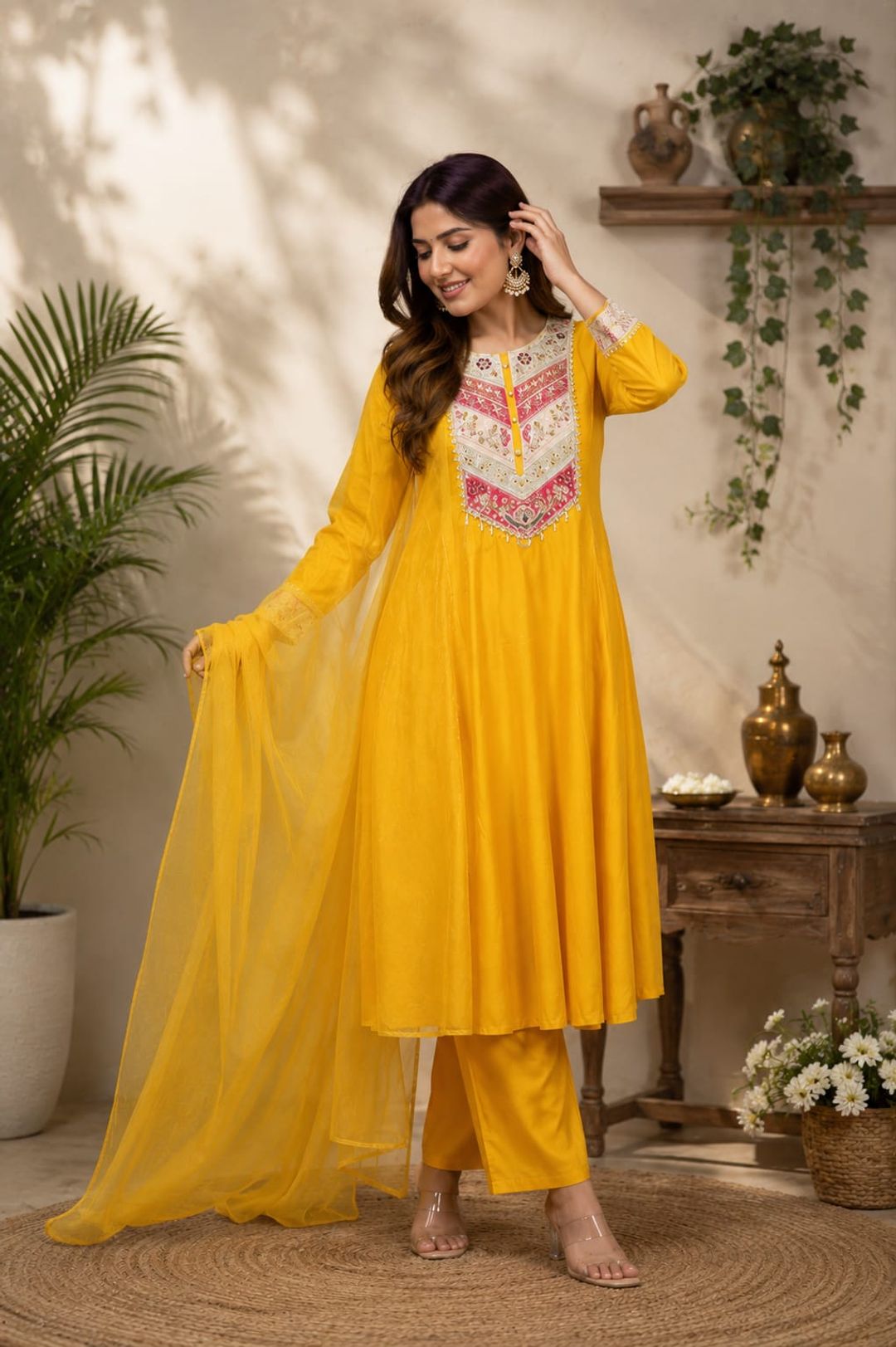 Mustard Viscose Chanderi Kurta Set with Sequence Embroidery