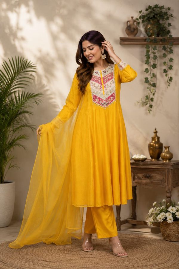 Mustard Viscose Chanderi Kurta Set with Sequence Embroidery
